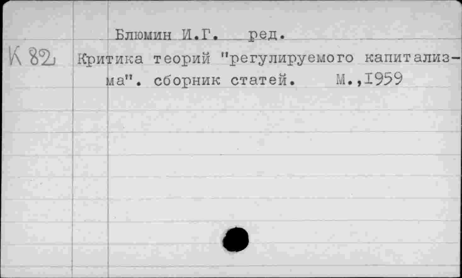 ﻿		Блюмин 11 • !?•	’Ови •
к	Критика теорий "регулируемого капитализ	
	1	!ла". сборник статей.	М.,1959
		
		
		
		
		
		
		